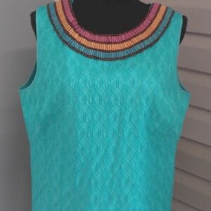 Turquoise Sleeveless dress  with Multicolor Beaded Neckline